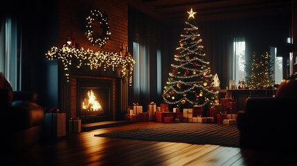 Fototapeta premium Elegant Living Room with Christmas Tree and Fireplace in Holiday Ambiance : Generative AI