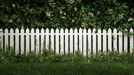 Fototapeta premium A neat white picket fence surrounding a lush green lawn, bordered by blooming flowers and a backdrop of vibrant greenery, capturing the charm of a sunny garden