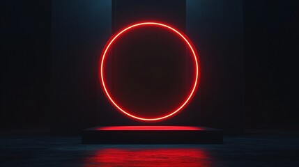 Red neon circle ring and podium on dark blue background. Product display concept. Design for banner, poster and background with copy space.