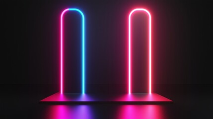 Neon light beams on blue gradient background. Image for banner, poster and background with copy space.