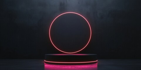 Pink neon circle ring and podium on dark blue background. Product display concept. Design for banner, poster and background with copy space.