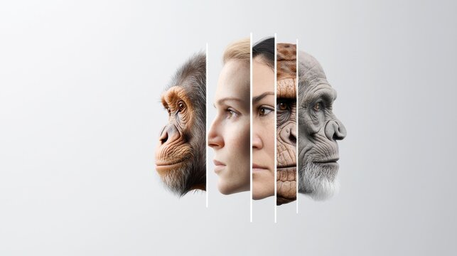 Portrait-style lineup of faces starting with a monkey and ending with a modern human, showcasing gradual changes in facial features, set against a soft, neutral background