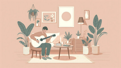 Fototapeta premium Man Playing Acoustic Guitar in a Cozy Living Room