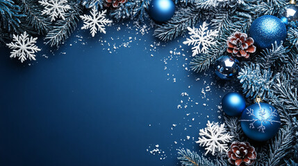 Christmas border composition with blue and silver ornaments and frosted fir branches on a classic blue background