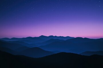 Mountain Silhouette at Night: A black silhouette of mountains with a soft gradient sky transitioning from navy blue to violet, featuring faint stars