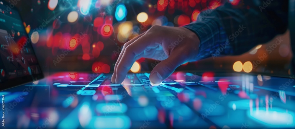 Aufkleber Hand interacting with a futuristic technology interface. Digital data visualization with colorful bokeh lights in the background, representing innovation, technology, and modern communication.