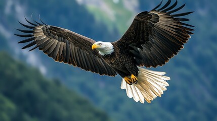 Obraz premium Bald eagle soaring with outstretched wings, majestic flight over lush greenery.