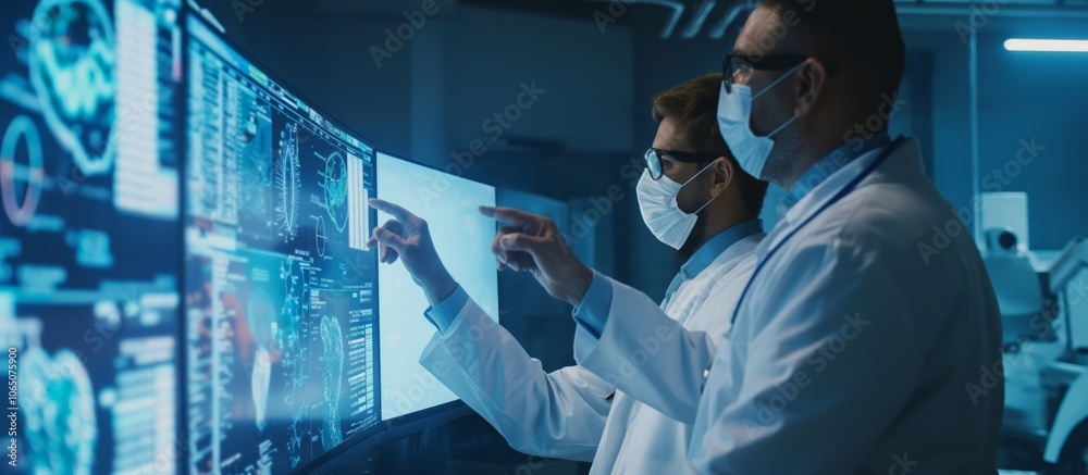 Aufkleber in a modern laboratory, two scientists wearing lab coats and masks are thoroughly examining brain sc