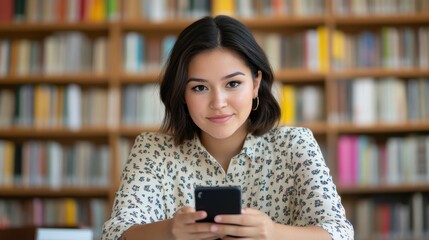 Student Studying in Library with Smartphone