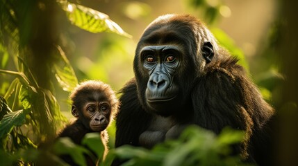 Obraz premium In a remote part of the rainforest, a gorilla mother and her infant navigate the lush greenery. The mother gorilla guides her infant through the jungle, and they share a special bond.