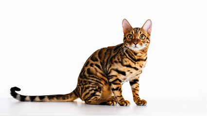 Toyger cat sitting on white background.
