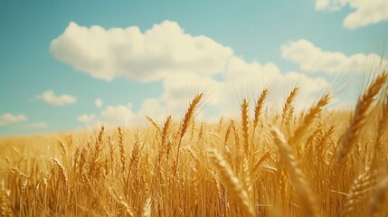 Golden wheat field under a blue sky with fluffy clouds.