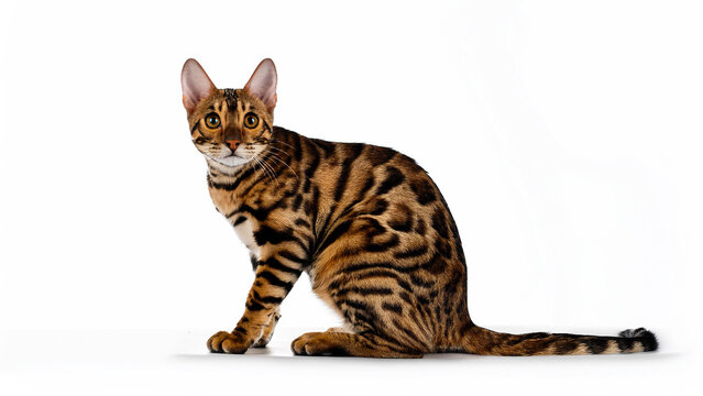 Toyger cat sitting on white background.