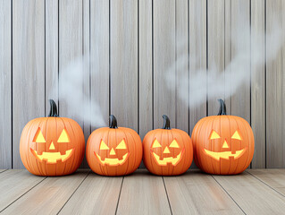 Obraz premium Four pumpkins with their eyes open and smiling on a wooden surface