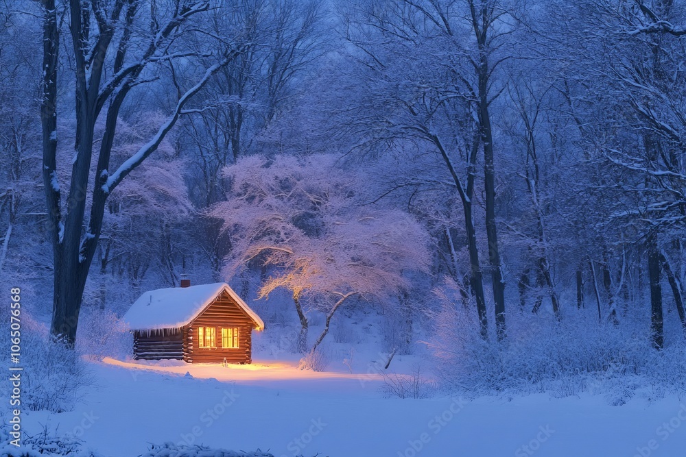 Poster a serene log cabin with a warm light emanating from within, set amidst a quiet winter forest blanket