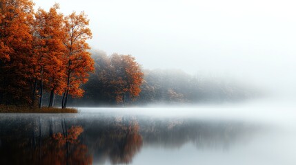 Morning mist over a lake surrounded by trees in peak autumn colors, capturing the tranquility and beauty of the season
