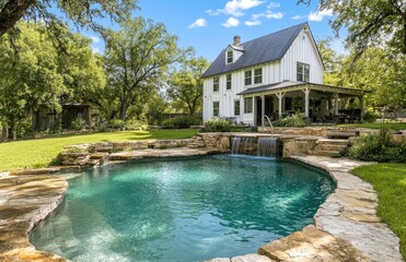Obraz premium A beautiful home featuring an elegant pool and large backyard with lush green grass.