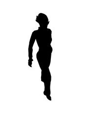 Silhouette of a girl in trousers, shirt and glasses. The girl stands with one leg forward and one hand on her hip. Vector illustration.