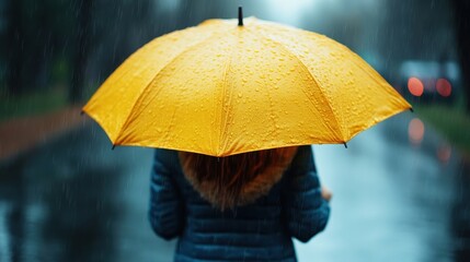 A person in a blue coat stands with a vibrant yellow umbrella, protecting themselves from the rain as they navigate a quiet, wet street scene in muted tones.