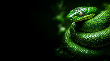 Fototapeta premium A close-up view of a vibrant green snake coiled among lush foliage in a tropical environment on a black background