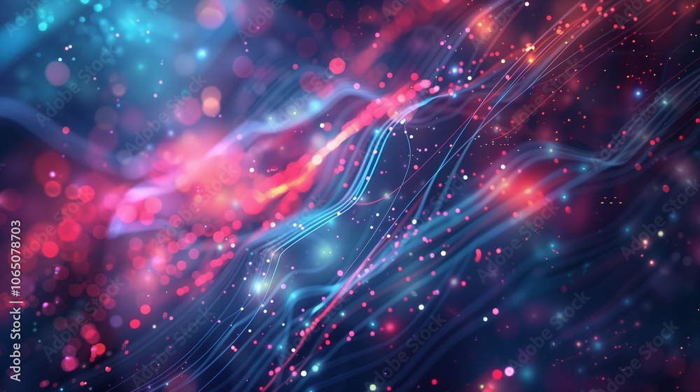 Poster This vibrant abstract digital background features dynamic flowing lines and colorful bokeh lights, ideal for tech and creative projects, with a stunning pattern and energetic design