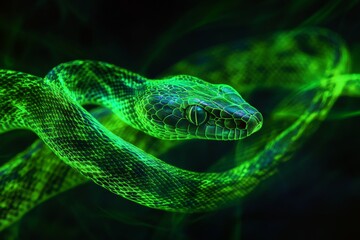 Obraz premium An ethereal green snake glows brilliantly against a dark background, showcasing its elegant serpentine form and highlighting the mesmerizing beauty of nature.