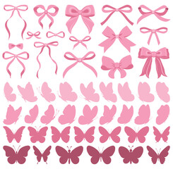 Vector Illustration of pink girly vintage bow set. Bow for hair decor. Ribbons isolated. Trendy girls accessories. Cute hairstyle elements collection.Trendy pink, coquette, ribbon. Wedding invitation
