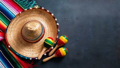 cinco de mayo holiday background made from maracas mexican blanket stripes or poncho serape and hat on dark stone background