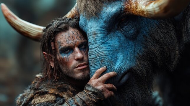 An elven figure rests gently against a horned, blue creature, depicting a serene connection in a mystical forest environment tinged with ancient magic. - Powered by Adobe