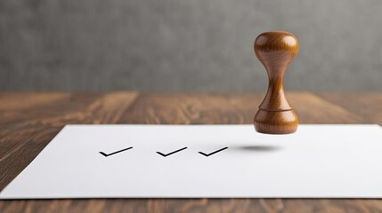 A wooden stamp hovering above a checklist on white paper, symbolizing approval and completion in a professional setting.