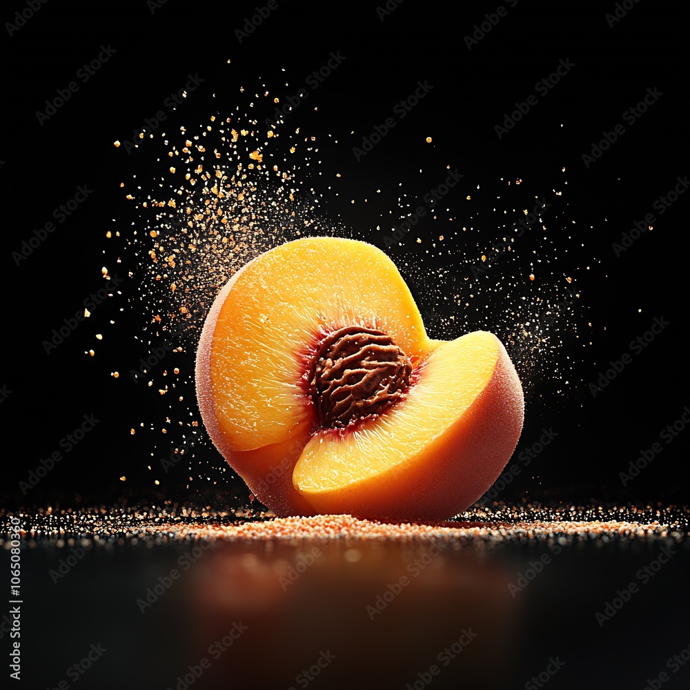 Leinwandbilder vibrant peach half with exploding particles in dynamic still life : generative ai