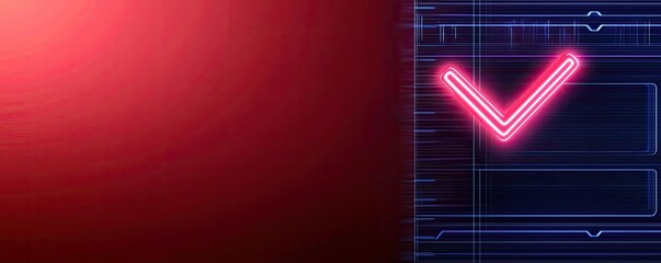 Fototapeta premium Futuristic neon design featuring a glowing checkmark on a red background, symbolizing confirmation and success in technology.