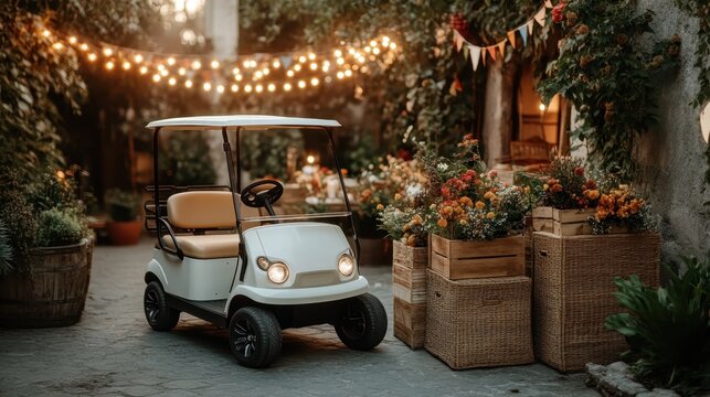 A beautifully decorated golf cart surrounded by vibrant flowers, located in a cobblestone courtyard lit by twinkling fairy lights, exuding a magical atmosphere.