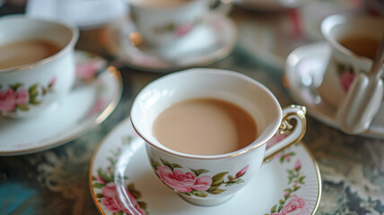 Fototapeta premium Delightful afternoon tea spread featuring a tiered cake stand brimming with cupcakes, scones, and sweet pastries, accompanied by a floral porcelain tea set