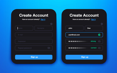 Create account UI. Sign up and log in dark form theme with personal profile data, modern mobile application page with user registration input fields. Vector illustration