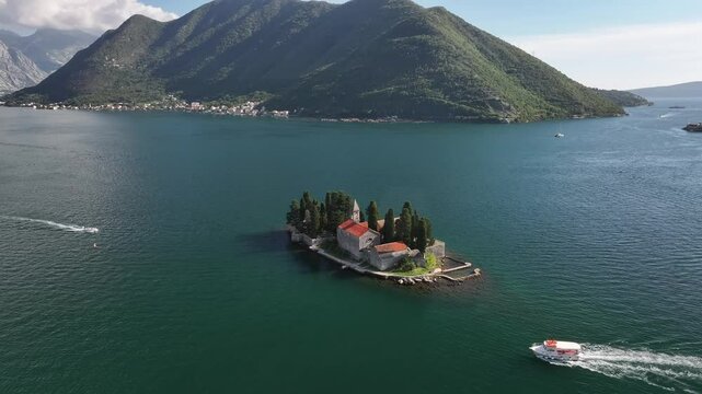 Aerial view of Saint George and Our Lady of the Rock islands, Kotor Bay, UNESCO World Heritage Site, Montenegro