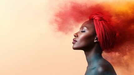 Profile silhouette of an elegant woman in a red headwrap against a sea of swirling orange and red powder on a smooth beige background.