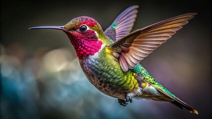 Fototapeta premium Adult Male Annas Hummingbird in Flight Against Dark Background - Iridescent Feathers with Soft Light Highlights for Stunning Product Photography