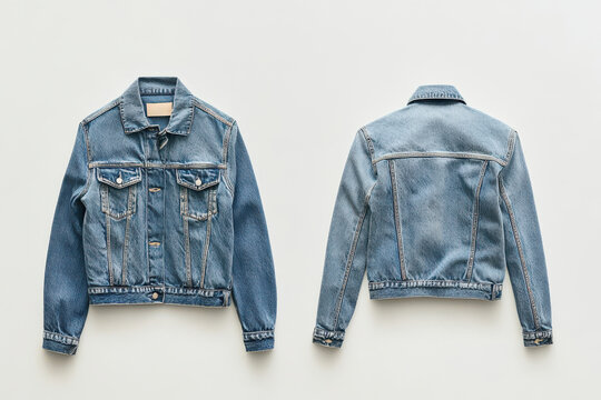 Classic blue denim jacket on white background, front and back view