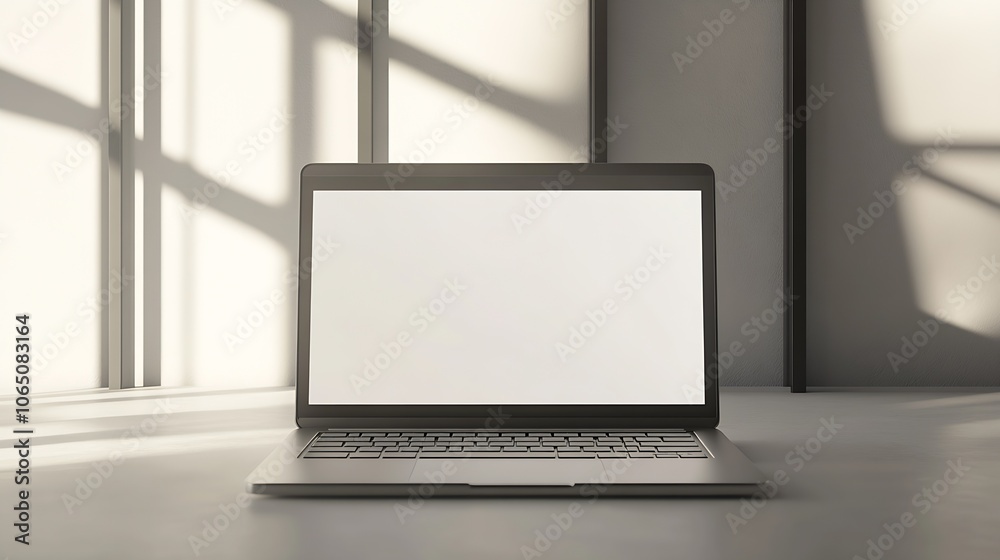 Poster minimalist contemporary laptop with empty screen in modern office space : generative ai