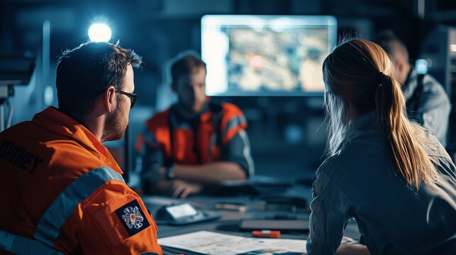 Rescue workers in briefing at emergency operations center, focusing on rapid response.