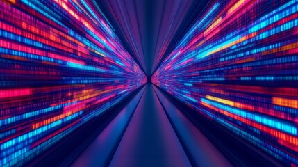 Data Stream Tunnel: Abstract digital art of a vibrant, colorful tunnel composed of glowing binary code, symbolizing the speed and power of data transfer and processing in the digital world.