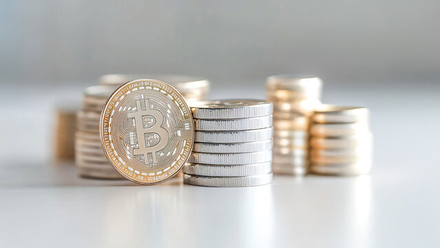 Stacks of shiny cryptocurrency coins with the Bitcoin symbol on a blurred background.