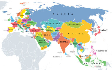 Eurasia, political map with individually colored states. Largest continental area on Earth, comprising all landmasses of Europe and Asia. With its nearly 100 states it is also called a supercontinent.