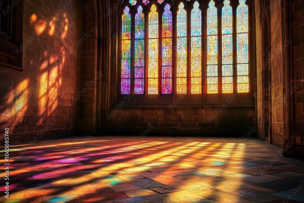 Aufkleber Sunlight shines through stained glass, casting a vibrant array of colorful patterns on the floor of the cathedral, creating a peaceful and contemplative ambiance.
