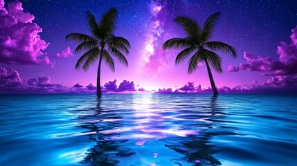 Tropical Paradise Sunset with Palm Trees and Milky Way Galaxy