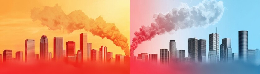 Fototapeta premium The image contrasts two cityscapes, one emitting pollution against a warm-toned backdrop and the other showing clearer skies, highlighting environmental issues.