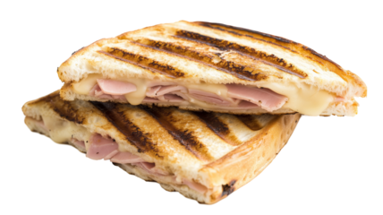 Sandwich with ham and cheese is cut in half