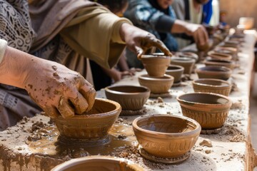 A community workshop teaching traditional pottery making techniques in Morocco on African World Heritage Day