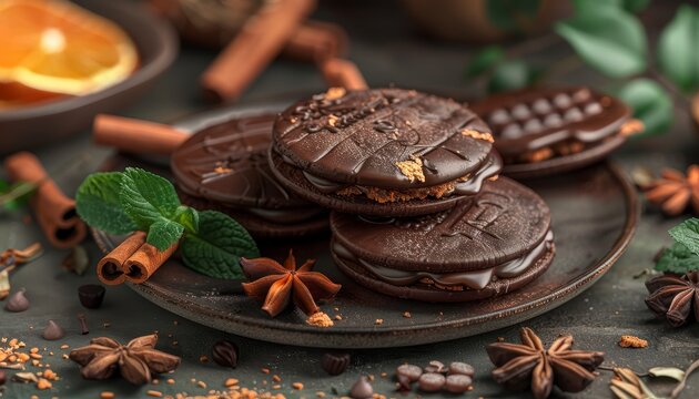 A close-up of chocolate sandwich cookies with chocolate cream filling on a brown plate with chocolate chips, cinnamon sticks, star anise, orange slices, and mint leaves.